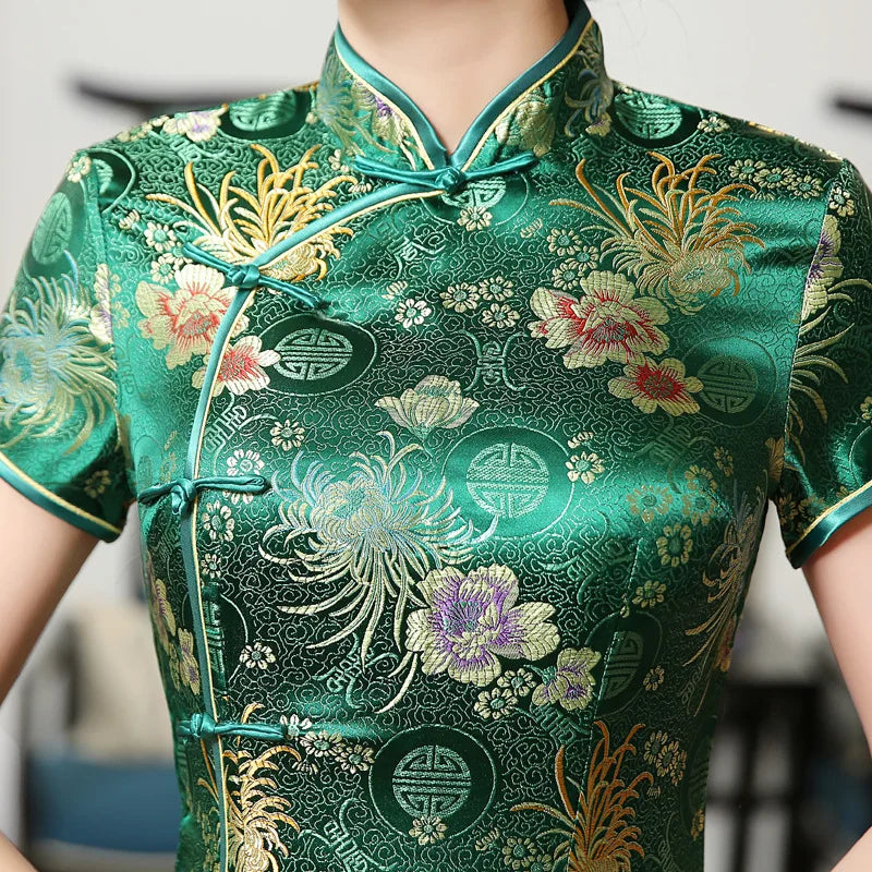 2021 New High Fashion Green Rayon Cheongsam Chinese Classic Women's Qipao Elegant Short Sleeve Novelty Long Dress S-3XL C0136-D