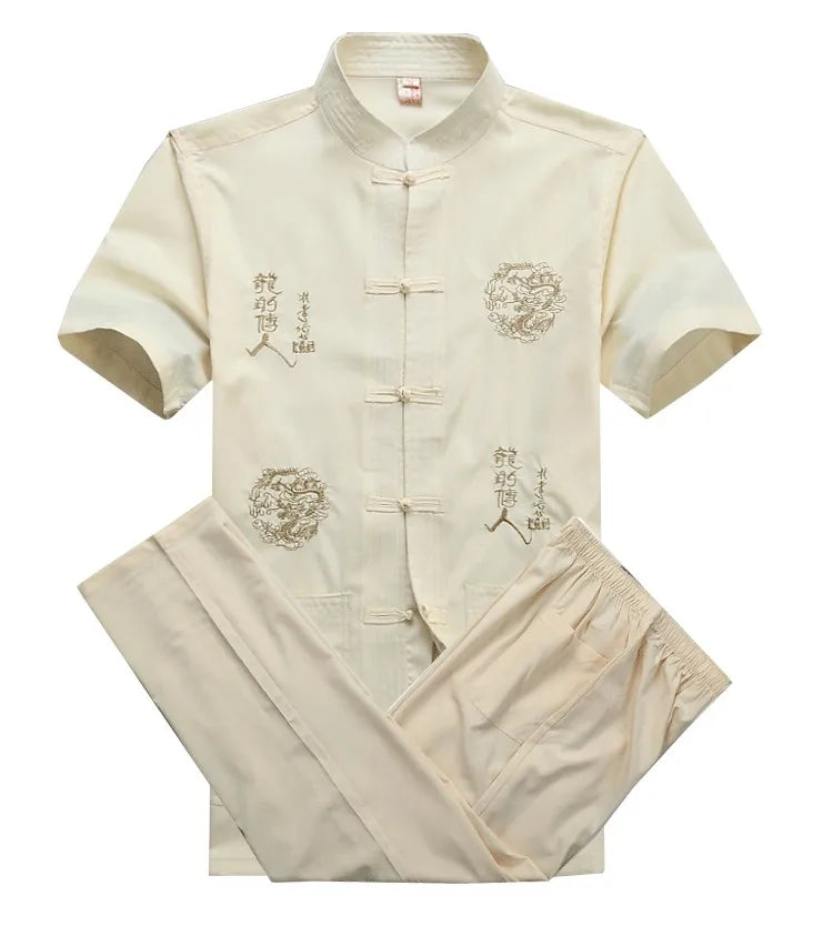 Chinese Men Cotton Kung Fu Suit Embroidery  Wu Shu Uniform Tai Chi Clothing Short Sleeve Shirt+Pant M L XL XXL XXXL MS013
