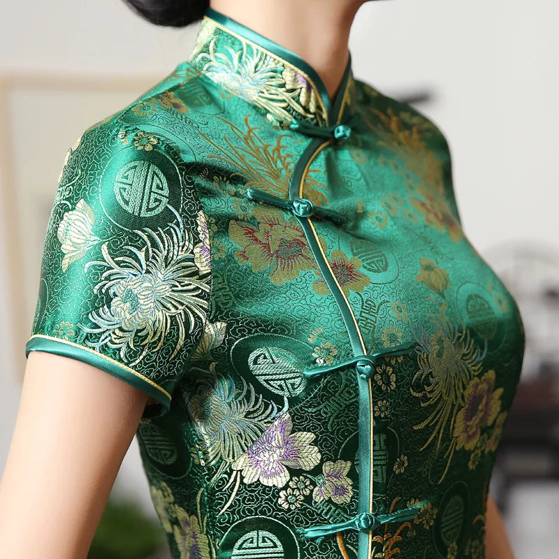 2021 New High Fashion Green Rayon Cheongsam Chinese Classic Women's Qipao Elegant Short Sleeve Novelty Long Dress S-3XL C0136-D