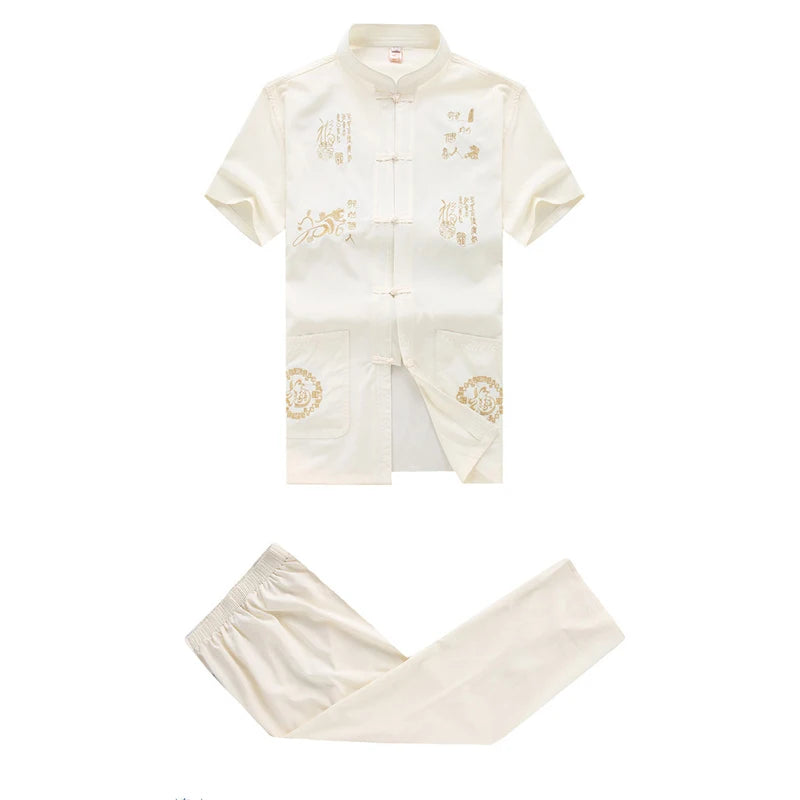 Chinese Men Cotton Kung Fu Suit Embroidery  Wu Shu Uniform Tai Chi Clothing Short Sleeve Shirt+Pant M L XL XXL XXXL MS013