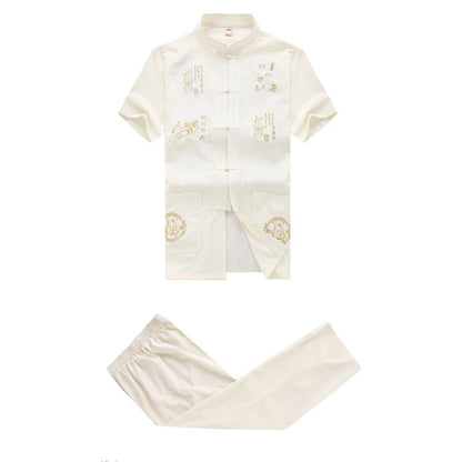 Chinese Men Cotton Kung Fu Suit Embroidery  Wu Shu Uniform Tai Chi Clothing Short Sleeve Shirt+Pant M L XL XXL XXXL MS013
