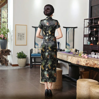 2021 New High Fashion Green Rayon Cheongsam Chinese Classic Women's Qipao Elegant Short Sleeve Novelty Long Dress S-3XL C0136-D