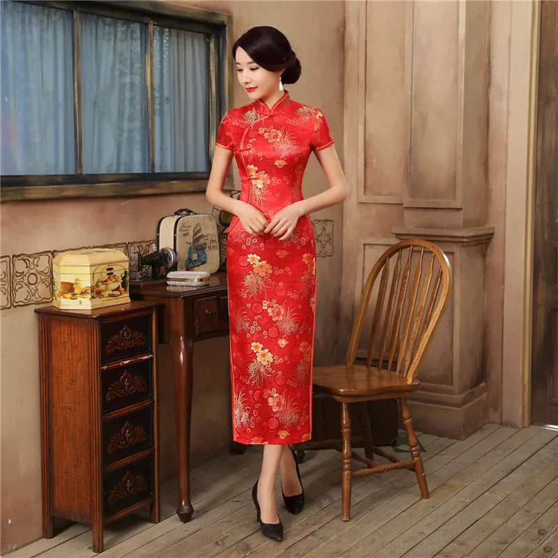 2021 New High Fashion Green Rayon Cheongsam Chinese Classic Women's Qipao Elegant Short Sleeve Novelty Long Dress S-3XL C0136-D