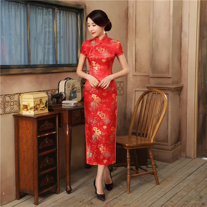 2021 New High Fashion Green Rayon Cheongsam Chinese Classic Women's Qipao Elegant Short Sleeve Novelty Long Dress S-3XL C0136-D