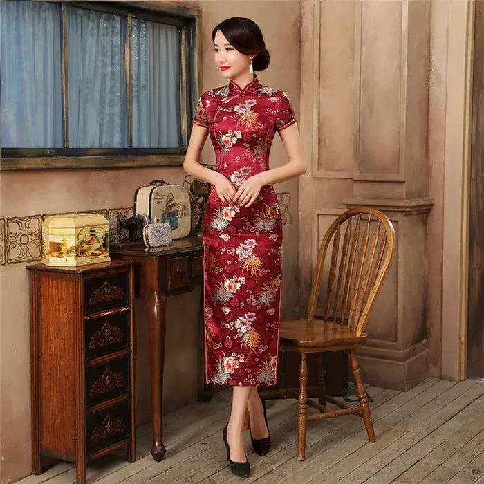 2021 New High Fashion Green Rayon Cheongsam Chinese Classic Women's Qipao Elegant Short Sleeve Novelty Long Dress S-3XL C0136-D
