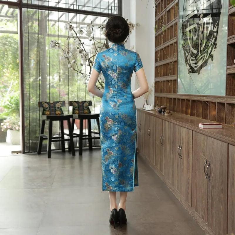 2021 New High Fashion Green Rayon Cheongsam Chinese Classic Women's Qipao Elegant Short Sleeve Novelty Long Dress S-3XL C0136-D