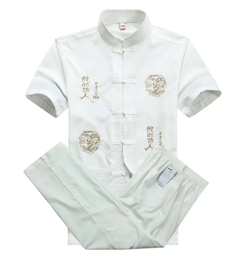 Chinese Men Cotton Kung Fu Suit Embroidery  Wu Shu Uniform Tai Chi Clothing Short Sleeve Shirt+Pant M L XL XXL XXXL MS013