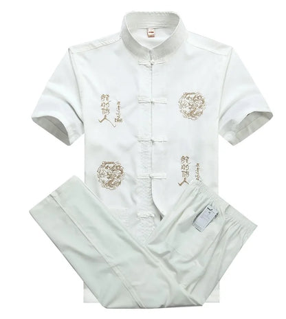 Chinese Men Cotton Kung Fu Suit Embroidery  Wu Shu Uniform Tai Chi Clothing Short Sleeve Shirt+Pant M L XL XXL XXXL MS013