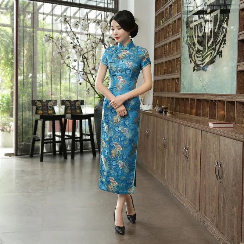 2021 New High Fashion Green Rayon Cheongsam Chinese Classic Women's Qipao Elegant Short Sleeve Novelty Long Dress S-3XL C0136-D