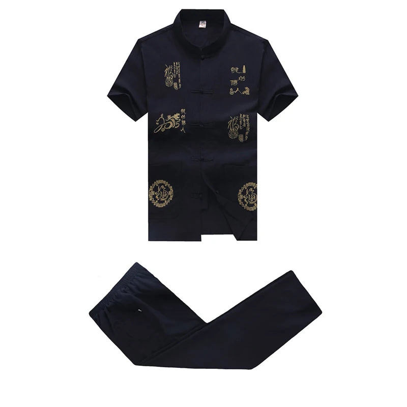 Chinese Men Cotton Kung Fu Suit Embroidery  Wu Shu Uniform Tai Chi Clothing Short Sleeve Shirt+Pant M L XL XXL XXXL MS013
