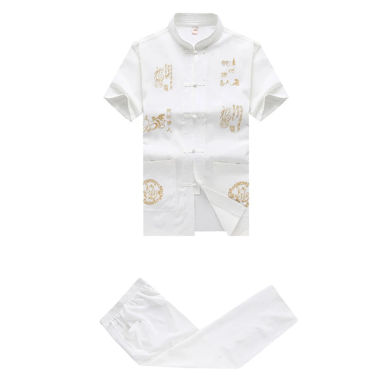 Chinese Men Cotton Kung Fu Suit Embroidery  Wu Shu Uniform Tai Chi Clothing Short Sleeve Shirt+Pant M L XL XXL XXXL MS013