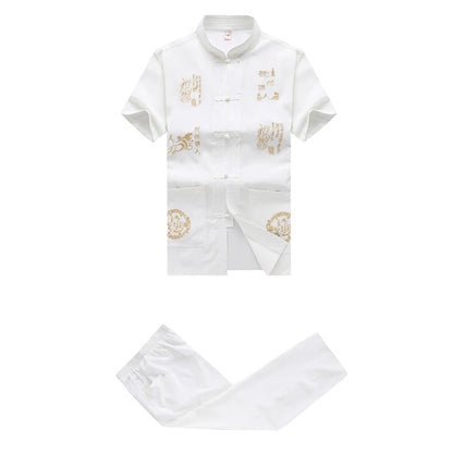 Chinese Men Cotton Kung Fu Suit Embroidery  Wu Shu Uniform Tai Chi Clothing Short Sleeve Shirt+Pant M L XL XXL XXXL MS013