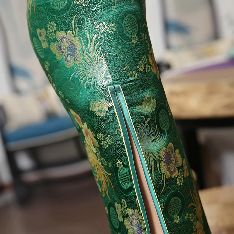 2021 New High Fashion Green Rayon Cheongsam Chinese Classic Women's Qipao Elegant Short Sleeve Novelty Long Dress S-3XL C0136-D