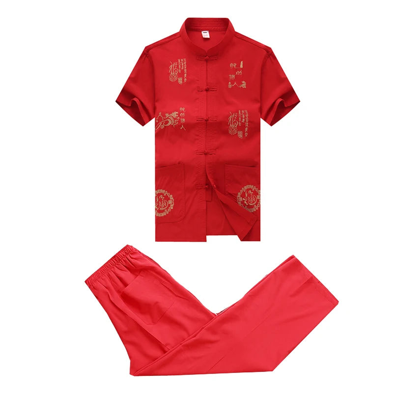 Chinese Men Cotton Kung Fu Suit Embroidery  Wu Shu Uniform Tai Chi Clothing Short Sleeve Shirt+Pant M L XL XXL XXXL MS013