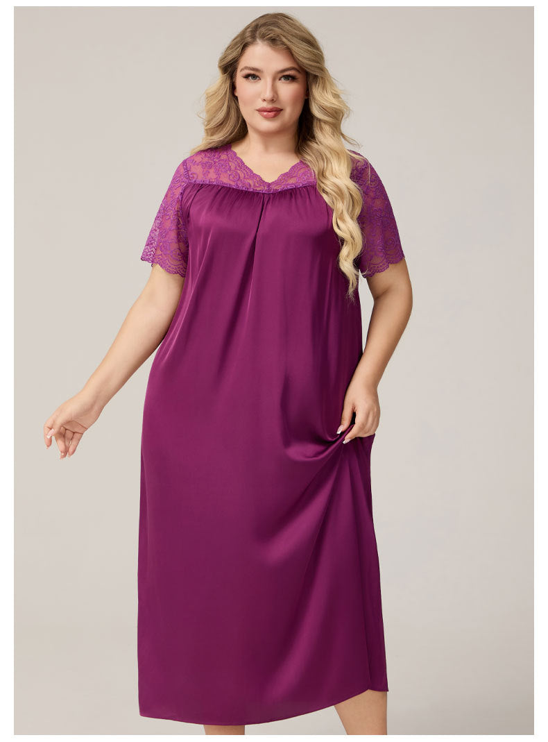 Large Size 3XL 4XL 5XL Long Nightgown Spring Summer New Female Sleepwear Loungewear Sexy Frill Lace Nightdress Ice Silk Homewear