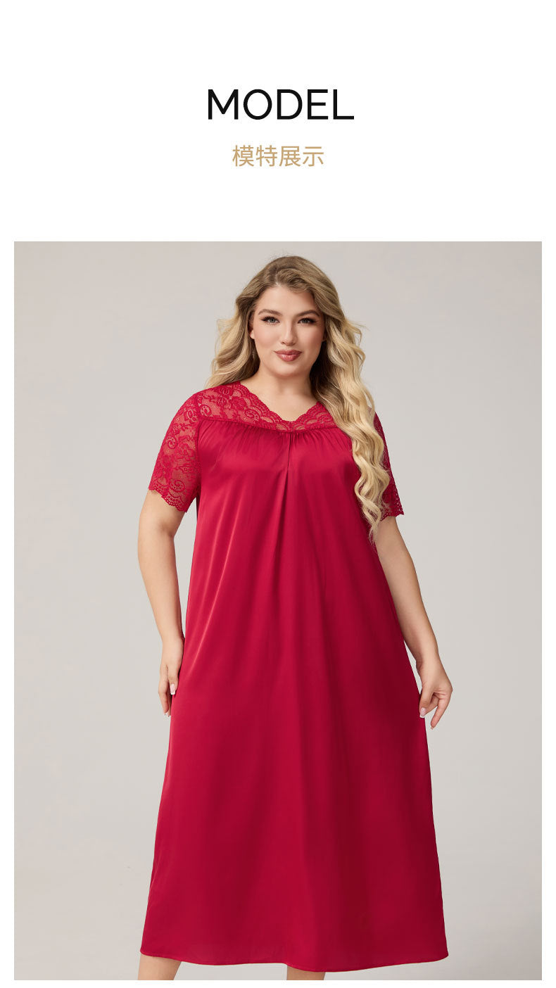 Large Size 3XL 4XL 5XL Long Nightgown Spring Summer New Female Sleepwear Loungewear Sexy Frill Lace Nightdress Ice Silk Homewear