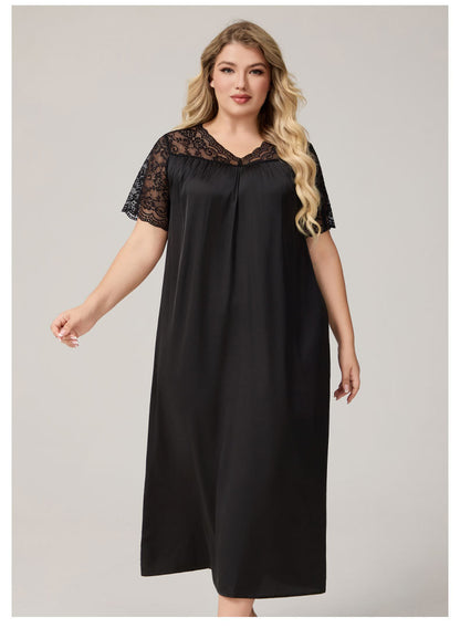 Large Size 3XL 4XL 5XL Long Nightgown Spring Summer New Female Sleepwear Loungewear Sexy Frill Lace Nightdress Ice Silk Homewear