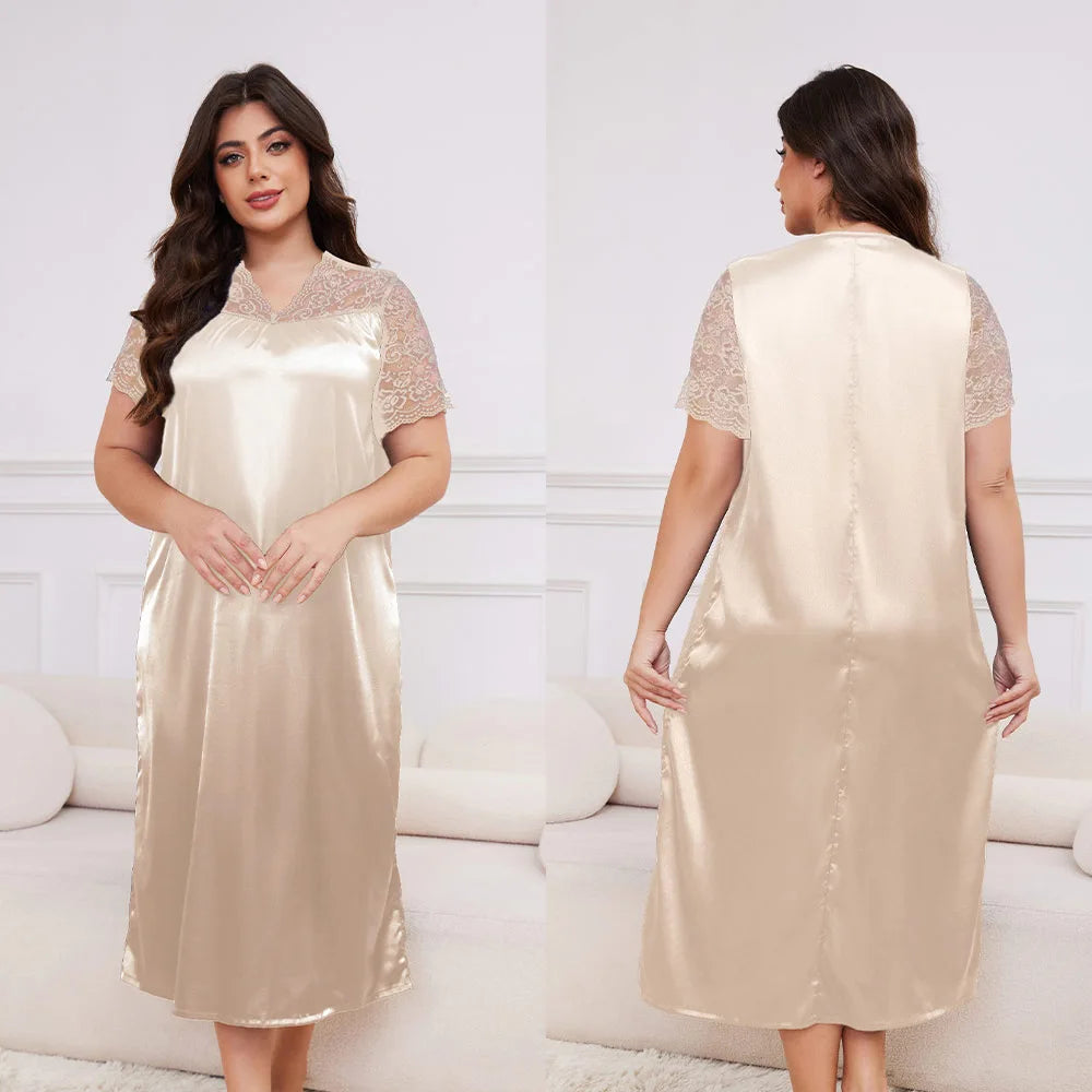 Large Size 3XL 4XL 5XL Long Nightgown Spring Summer New Female Sleepwear Loungewear Sexy Frill Lace Nightdress Ice Silk Homewear