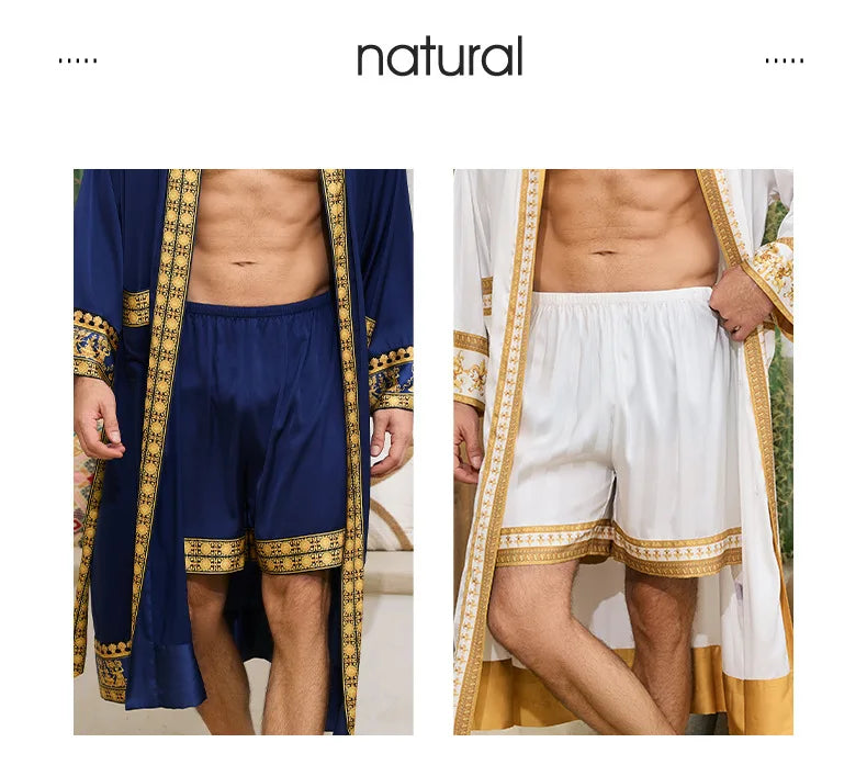 Men Pajama 2PCS Robe Set Spring Summer New Silk Satin Sleepwear Kimono Bathrobe Gown Loose Casual Home Clothing Loungewear