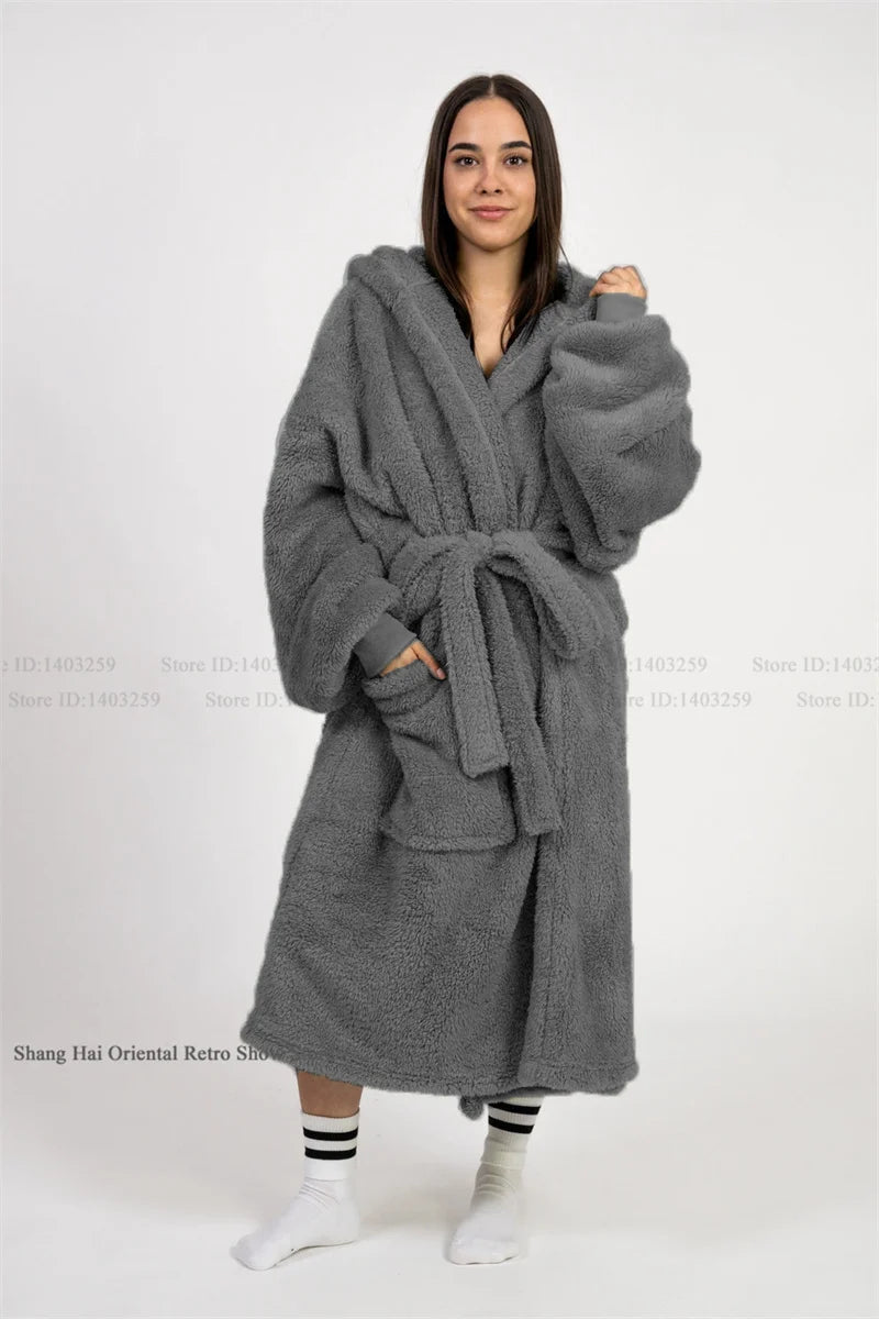 Thicken Coral Fleece Mens Hooded Long Robe Sleepwear Autumn Winter New Nightwear Homewear Loose Casual Flannel Loungewear Pajama