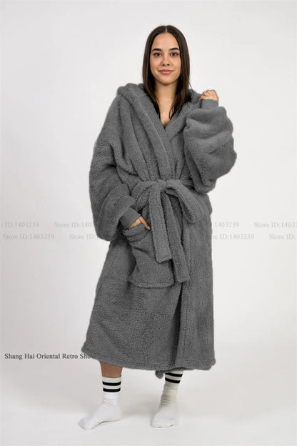 Thicken Coral Fleece Mens Hooded Long Robe Sleepwear Autumn Winter New Nightwear Homewear Loose Casual Flannel Loungewear Pajama