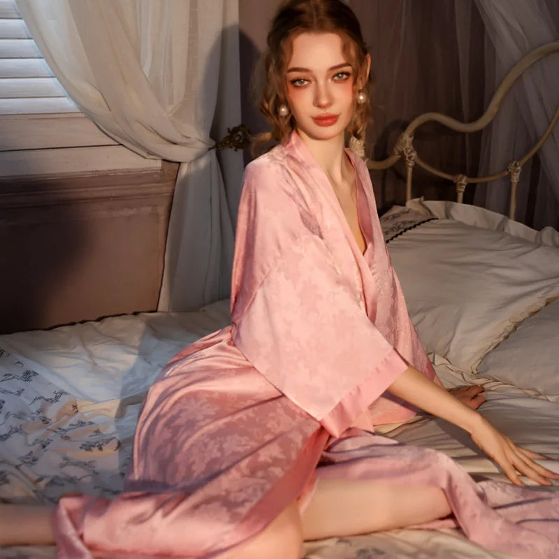 Luxury Jacquard Long Robe Nightgown Women Half Sleeve Kimono Bathrobe Gown Satin Ice Silk Sleepwear Sexy Home Dress Lounge Wear