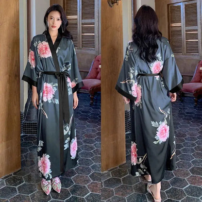 Female Long Robe Chinese Style Print Flower Sleepwear Nightgown Half Sleeve Kimono Bathrobe Gown Loose Casual Satin Home Wear