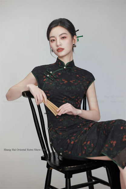 Female Print Flower Long Cheongsam Chinese Dress Elegant Vintage Mandarin Collar Qipao Hanfu Dress New Year Festival Party Wear