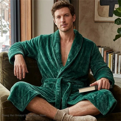 Thicken Flannel Men's Robe Kimono Gown Autumn Winter New Sleepwear Home Clothes Green Loose Coral Fleece Loungewear Bathrobe