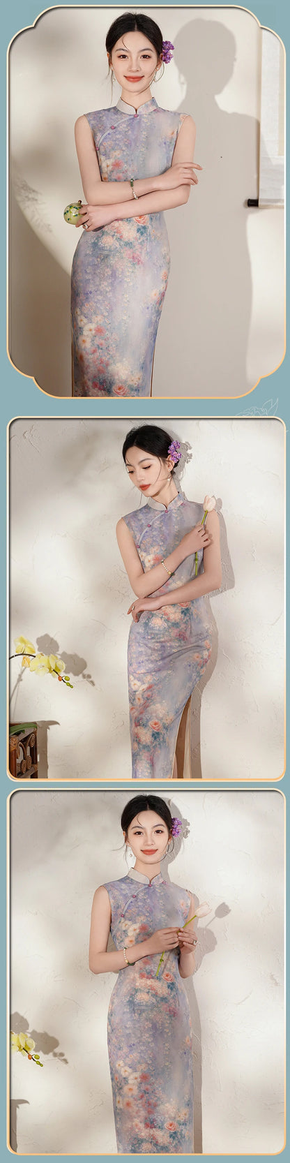 New Chinese Style Satin Cheongsam Traditional Clothing Retro Elegant Print Floral Women Long Qipao Chinese Dress Sexy Vestidos