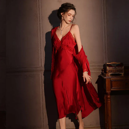Elegant Female Twinset Robe Set Long Kimono Bathrobe Gown Sexy Lace Nightgown Lingerie Spring Autumn New Sleepwear Home Dress