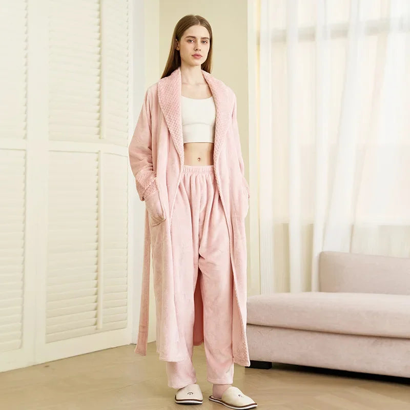 Autumn Winter Couple Sleepwear Home Clothing Thicken Flannel Long Robe Pajama Set Kimono Gown Bathrobe Coral Fleece Loingewear