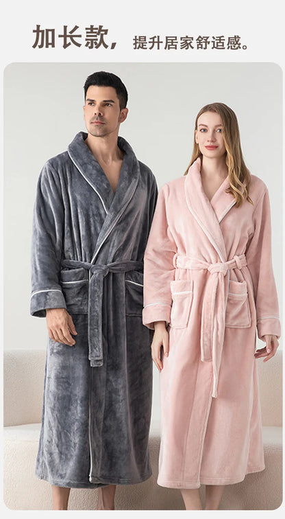 Autumn Winter Women's Sleepwear Thicken Flannel Couple Long Robe Kimono Bathrobe Gown Loungewear Loose Coral Fleece Home Wear