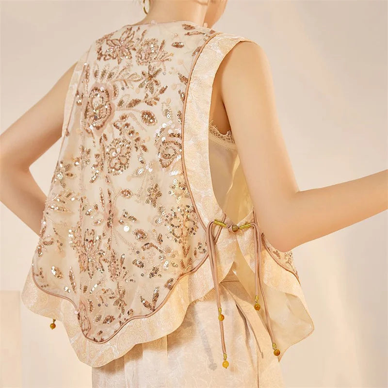 New Chinese Style Women Vest Traditional Tang Clothes Qipao Tops Luxury Sequin Bead Waistcoat Jacket Sexy Sleeveless Blouse Coat