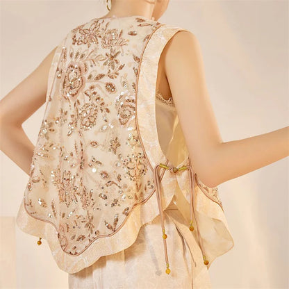New Chinese Style Women Vest Traditional Tang Clothes Qipao Tops Luxury Sequin Bead Waistcoat Jacket Sexy Sleeveless Blouse Coat