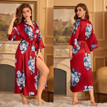 Female Long Robe Chinese Style Print Flower Sleepwear Nightgown Half Sleeve Kimono Bathrobe Gown Loose Casual Satin Home Wear