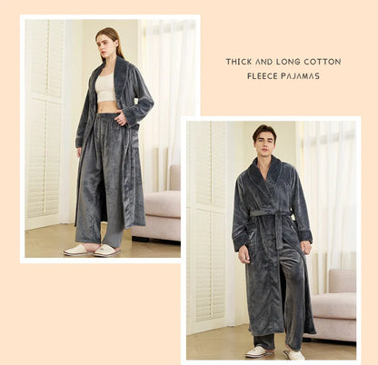 Autumn Winter Couple Sleepwear Home Clothing Thicken Flannel Long Robe Pajama Set Kimono Gown Bathrobe Coral Fleece Loingewear