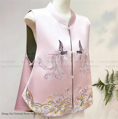 New Chinese Style Tang Clothes Women Tops Jacquard Embroidery Phoenix Qipao Vest Outwear Vintage Hanfu Waistcoat Jacket Big Size