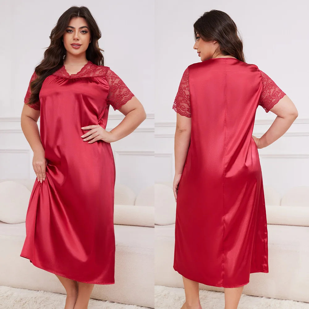 Large Size 3XL 4XL 5XL Long Nightgown Spring Summer New Female Sleepwear Loungewear Sexy Frill Lace Nightdress Ice Silk Homewear