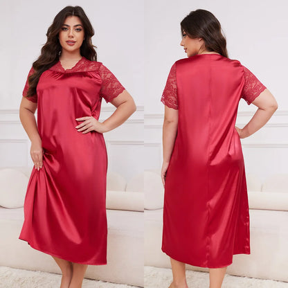 Large Size 3XL 4XL 5XL Long Nightgown Spring Summer New Female Sleepwear Loungewear Sexy Frill Lace Nightdress Ice Silk Homewear