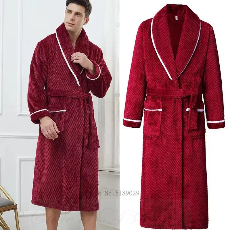 Oversize 3XL 4XL Winter Thicken Warm Sleepwear Kimono Bathrobe Gown Flannel Men Long Robe Loose Coral Fleece Homewear Loungewear