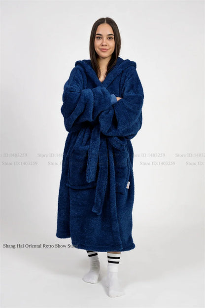 Thicken Coral Fleece Mens Hooded Long Robe Sleepwear Autumn Winter New Nightwear Homewear Loose Casual Flannel Loungewear Pajama