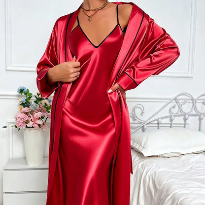 Sexy Long Twinset Robe Set Chemise Nightgown Women Nightwear Summer Silk Satin Home Dress Sleepwear Loose Lounge Wear Lingerie