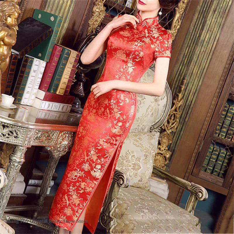 Traditional Satin Long Green Cheongsam Vintage Chinse Style Women's Vestido Dress Summer Jacquard Short Sleeve Qipao Asian Dress