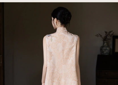 New Chinese Style Women Costume Vest Qipao Set Retro Jacquard Embroidery Tang Costume Silky Satin Waistcoat Dress Evening Dress