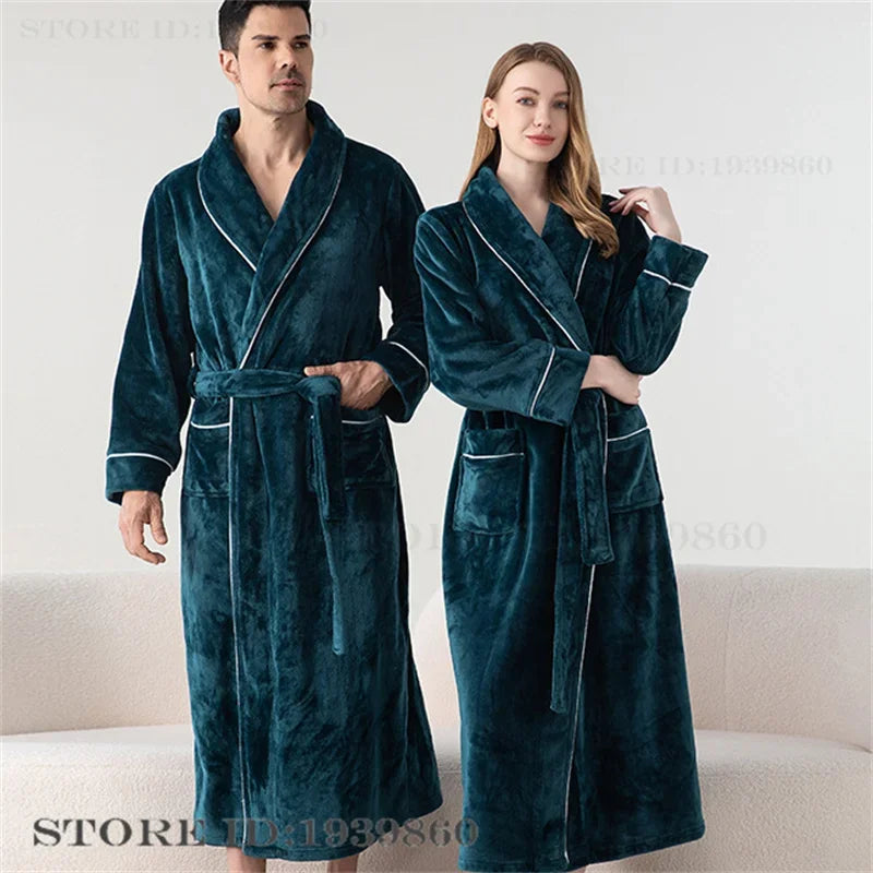 Autumn Winter Women's Sleepwear Thicken Flannel Couple Long Robe Kimono Bathrobe Gown Loungewear Loose Coral Fleece Home Wear