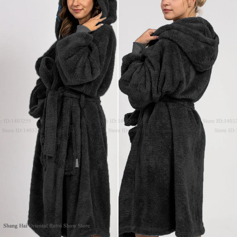 Thicken Coral Fleece Mens Hooded Long Robe Sleepwear Autumn Winter New Nightwear Homewear Loose Casual Flannel Loungewear Pajama