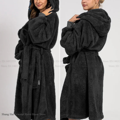 Thicken Coral Fleece Mens Hooded Long Robe Sleepwear Autumn Winter New Nightwear Homewear Loose Casual Flannel Loungewear Pajama