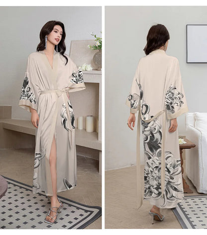 Female Long Robe Chinese Style Print Flower Sleepwear Nightgown Half Sleeve Kimono Bathrobe Gown Loose Casual Satin Home Wear