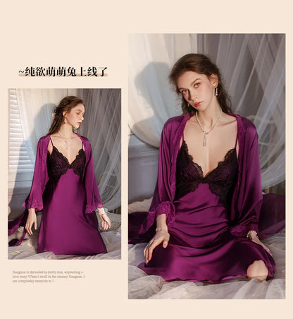 Sexy Female Long Robe Nightgown Set Kimono Bathrobe Gown Patchwork Lace Suspender Night Dress Sleepwear Loose Satin Homewear
